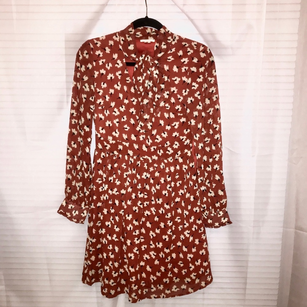 Tulle 70's Rust Orange Chiffon Floral Dress Small